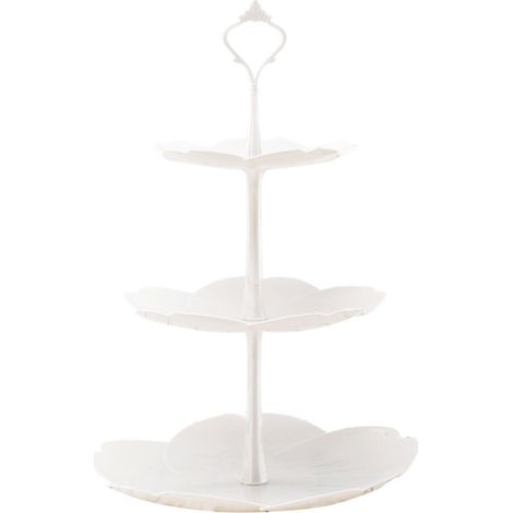 Plateau de service rond à 3 étages en plastique blanc, idéal pour les desserts, les gâteaux et les fruits.