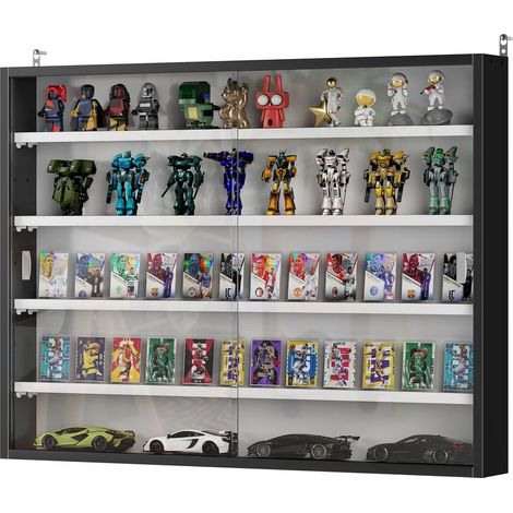 Vitrine murale pour objets de collection 5 étagère réglables en hauteur et 2 portes coulissantes 80 x 9,5 x 60 cm noir (1/5)