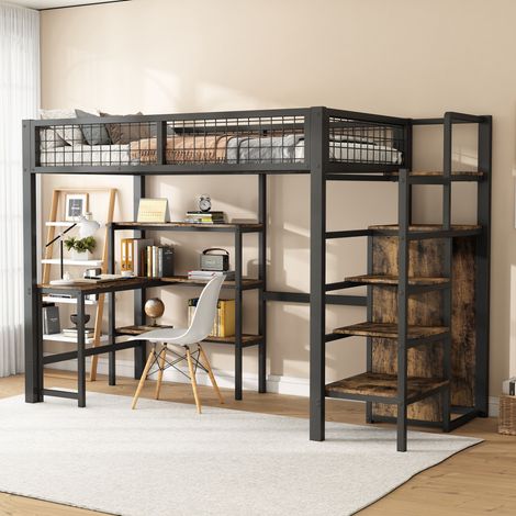 Letto a soppalco 90x200 cm, con armadio, scrivania, scala, scaffali, rete a doghe, struttura in metallo, ringhiera di sicurezza, letto per bambini - Nero