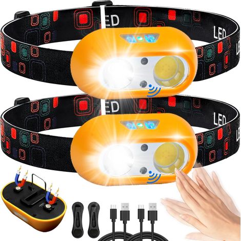 Lampe Frontale LED Ultra Puissante Rechargeable (2 Pcs), Torche Frontale avec détecteur de mouvement, 6 Modes d'éclairage, Lampe Torche 90° Réglable Étanche pour Course, Camping, Cyclisme (1/5)