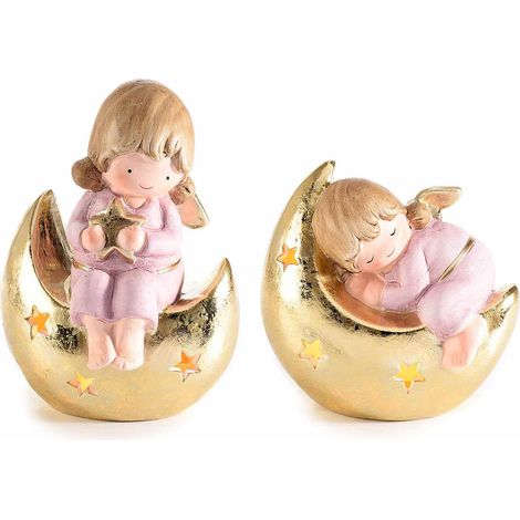 Petits anges fillette en terre cuite sur lune dorée avec étoiles et lumières LED, lot de 2, 14,5 x 11 x H. 20 cm