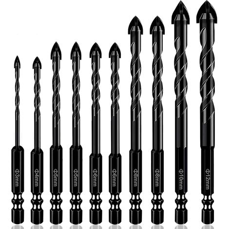 Lot de 10 forets professionnels pour brique et carrelage en céramique, béton et verre pour carrelage en porcelaine, murs de brique, plastique, bois (3/4/5/5/6/6/8/10/12 mm)