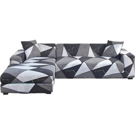 Housse de canapé 3+2 places en forme de L - Doux et antidérapant - Imprimé - Avec 2 taies d'oreiller pour canapé sectionnel en L (1/4)