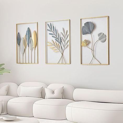 Décoration Murale, 3 Pièces Décoration Murale Salon 43 X 30 Cm Décoration Murale Décoration Murale en Métal Décoration Murale Chambre Feuilles Métalliques Modernes Dorées Décoration Murale (1/5)