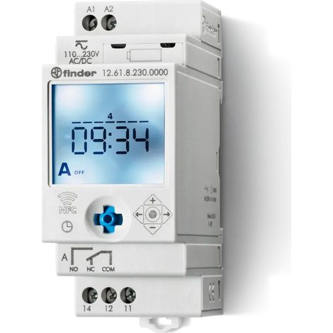 Interruttore orario digitale NFC, settimanale, intervallo 1 minuto, 1 contatto in scambio, 16A, 12/24V, serie 12 - Finder 12.61.0.024.0000