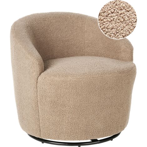 Sillón respaldo curvo glamour art deco bouclé vellón base negra giratoria 360° gris pardo Davik