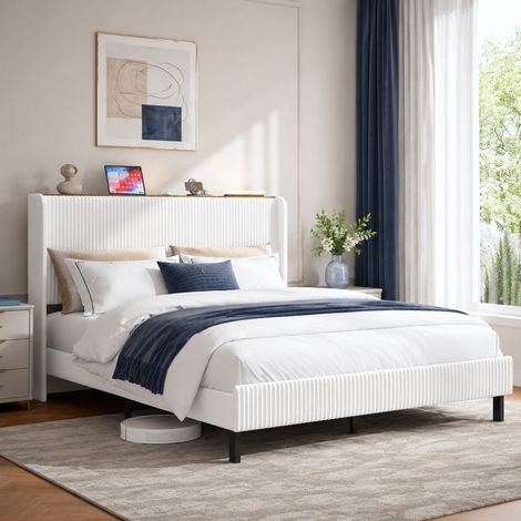 Cama adulto 160x200 cm de metal y tejido beige, sin somier para dormitorio, sin colchón -FLORAGRACE (1/5)