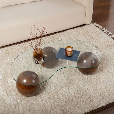 Table basse design 120x70x30cm verre transparent et pieds marron - ZAO