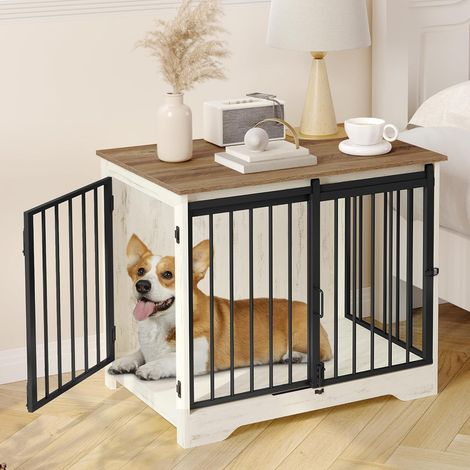 Gabbia per Cani, Tavolo Supplemento, Nicchia Moderna per Cani, Gabbia per Cuccioli, Casetta per Animali, 2 porte, Bianco e Marrone (1/5)