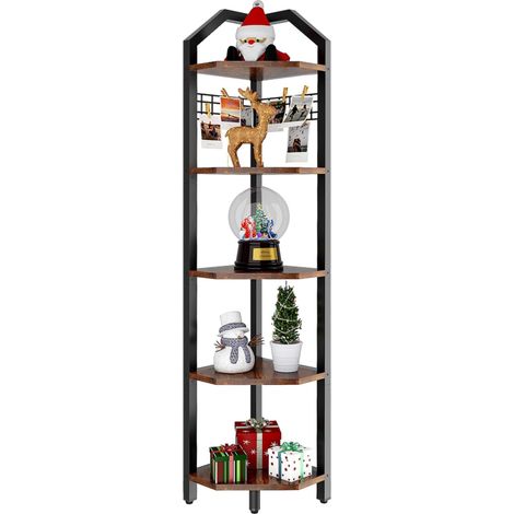 5 Tier Corner Shelf, Height 176 cm, Corner Bookcase, Multi-Purpose Storage Unit, Plant Stand, for Living Room, Bedroom, Office, Industrial Style, Rustic Brown HBR006H (1/5)