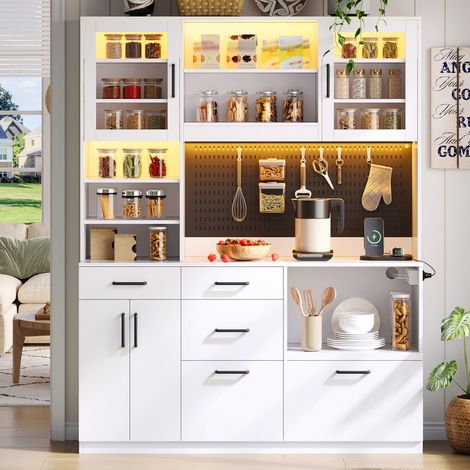 Armoire de cuisine-buffet-sideboard, avec prise, LED, plan de travail, 5 tiroirs, étagères réglables, MDF, blanc - 185x145x40cm (1/5)