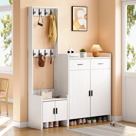Mueble zapatero de entrada con 8 ganchos, 2 cajones y 2 puertas, blanco, 125x32x165 cm (1/5)