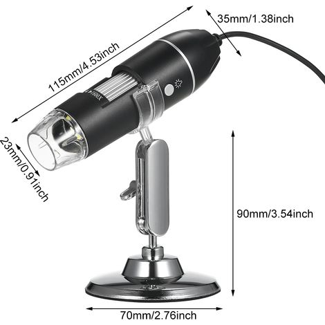 Microscope numérique portable 1600X 2 en 1 pour iOS et Android, microscope à main HD 2 mégapixels avec support métallique, noir, livré avec socle et notice (1/4)