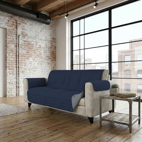 Housse de canapé Bicolore en Microfibre, Bleu foncé/Gris Clair, 3 Places (1/5)