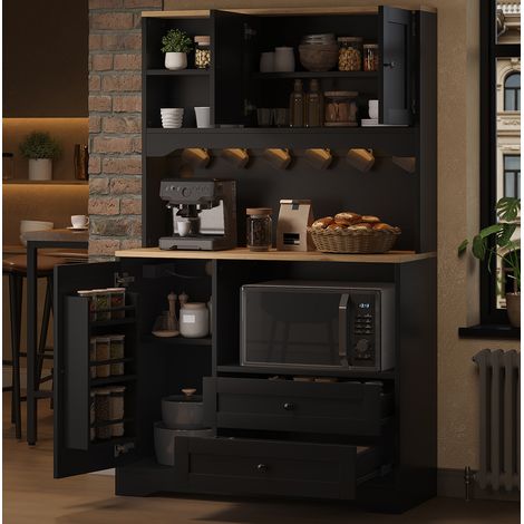 Hohes Küchenbuffet 100 x 40 x 163 cm mit LED, Steckdosen, USB, Mikrowellennische, schwarz (1/5)