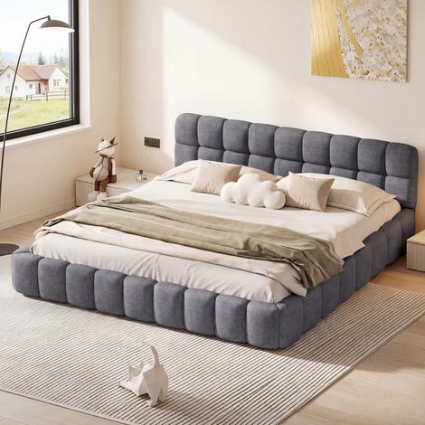 Lit Double Rembourré 140x190 cm,Lit Bulle avec Sommier à Lattes, Lit adulte 140x190 Lits 2 Personnes Capitonne avec Tête de Lits,Cadre de Lit pour Adulte et Adolescents,sans Matelas,Tissu en Lin,Gris