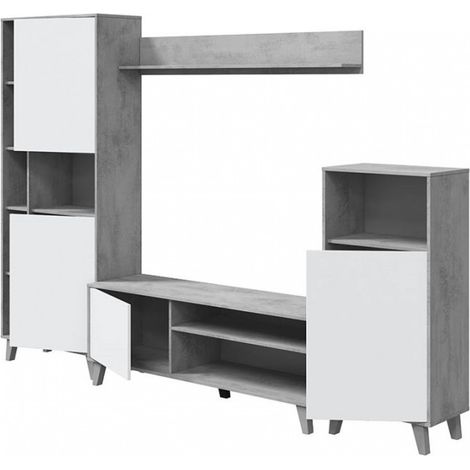 Parete attrezzata porta TV 260 cm bianco opaco e cemento con base 135x40x50 cm - Tours (1/5)