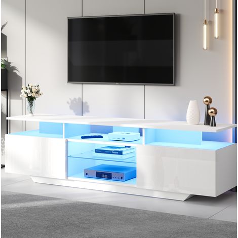 Meuble TV 160x40x45 cm blanc en MDF avec LED, rangements multiples et verre trempé (1/5)