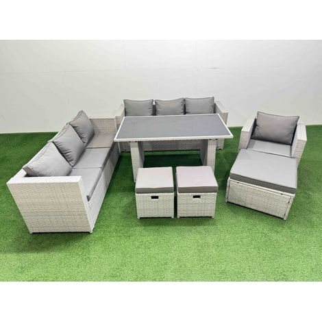 Fimous Patio Garden Furniture Sets with Black Glass Top Dining Table 3 Seater Sofa Armchair 3 Stool Light Grey (1/5)