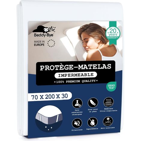 Protege Matelas 70x200 Impermeable Respirant Infroissable Certifié Oeko-Tex - Alese 70x200 Impermeable avec 4 Coins Élastiques Éco-Responsable - Blanc (1/5)