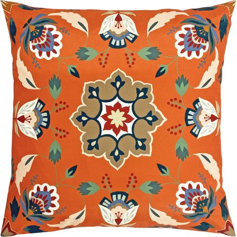 Coussin en Polyester Garni Résistant À L Eau Art Populaire Floral Mandala Extérieur Coussin Décoratif Orange 43x43cm (1/4)