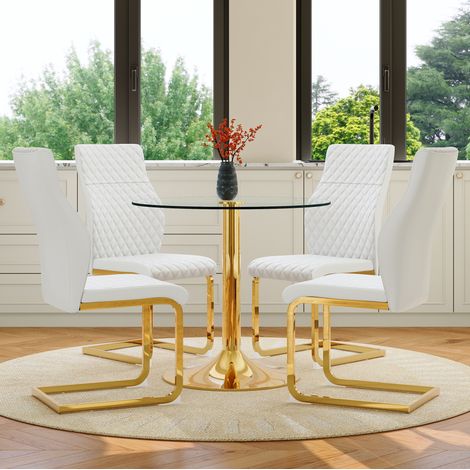 Runder Esstisch 85x76 cm aus Glas und Metall, weiß und gold, 4 Stühle, platzsparend – MEUBLIV (1/5)