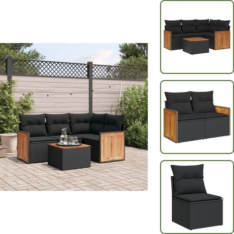 5-tlg. Garten-Sofagarnitur mit Kissen Schwarz Poly Rattan - Gartenmöbel Set - Rattan Möbel - Outdoor Lounge - Esstisch - Sofasatz (1/5)