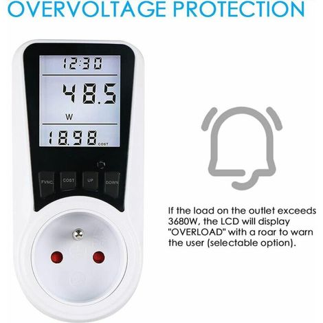 Wattmètre Prise, Compteur d'énergie AC 230V Compteur de Consommation d'énergie, Prise de Moniteur d'utilisation de l'électricité avec écran LCD - Prise France (1/2)