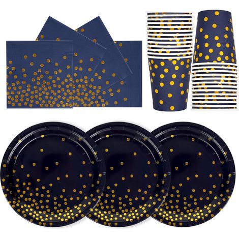 Vaisselle Jetable Fête - 72 Pièces - Papier Épais - Or Et Bleu Marine - Pour 24 Invités - Anniversaire (1/5)