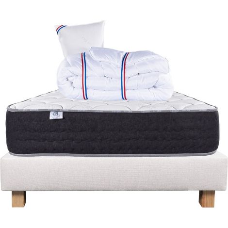 Ensemble Matelas Serenite, 27 cm, ressorts ensachés, ferme, face été/hiver + sommier beige ep20cm + oreiller + couette, 90x190cm (1/5)
