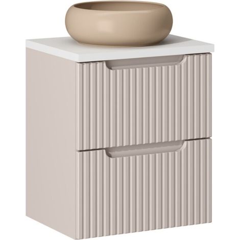 Insieme VANO cachemire e bianco 50cm: mobile sotto lavabo con cassetti + piano per lavabo + lavabo rotondo cappuccino da appoggio