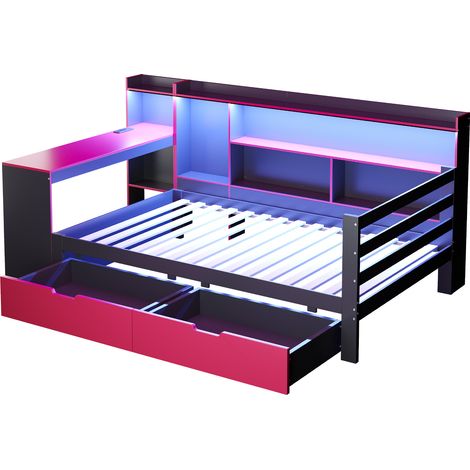 Lit banquette 90x200 avec bureau, étagères, LED et tiroirs noir rouge (1/5)