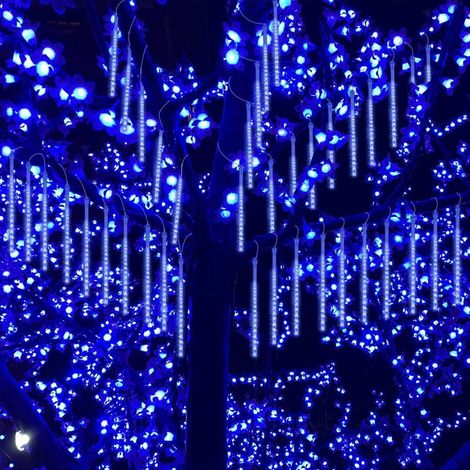 Guirlande Lumineuse Météore Pluie Lumiere, LED Météore Pluie Etanche Extérieur Douche Pluie Feux 30 cm 8 Tube 192 LEDs, pour Mariage Fête Noël Soirée Maison Arbre Sapin Jardin, Bleu (1/3)