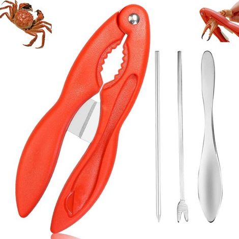 Juego de herramientas 4 en 1 para cangrejo - Juego multifuncional para comer mariscos - Incluye cascanueces, abridor de conchas, tenedor y pinza - Rojo (1/5)