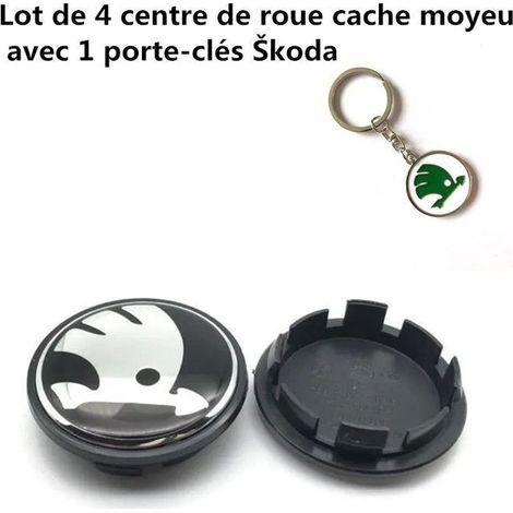 Satz mit 4 Radnabenkappen, Ersatz für Skoda, 65 mm, schwarz, mit 1 Skoda-Schlüsselanhänger