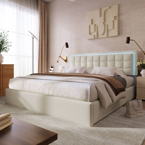 Lit coffre 140 x 200 cm blanc similicuir avec éclairage led et sommier à lattes, style contemporain, sans matelas (1/5)