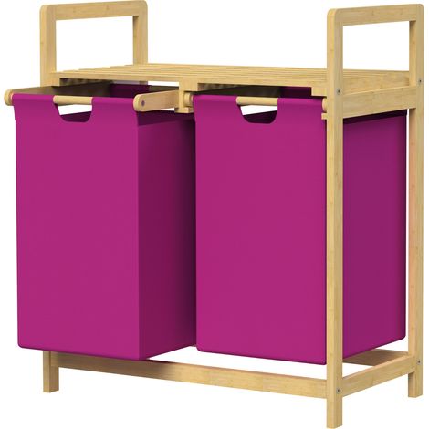 ML-Design Wäschekorb aus Bambus, Magenta, Wäschebox mit 2 Fächern, Wäschesammler mit 2 ausziehbaren Wäschesäcken 60 L, Wäschetruhe mit Ablage, Wäschesortierer für Badezimmer, Wäschetonne mit Regal