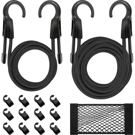 2 Tendeurs Elastique avec Crochets, 1.5/3M Sandow avec Crochet pour Voile Dombrage,Jardin,Vélo,Bâche,Corde à Linge avec Boucle Coupe Vent et Poche en Filet Fermeture (1/5)