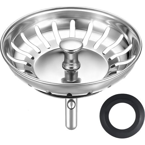 Bonde Évier Cuisine 82mm - Acier Inoxydable - Filtre et Bouchon 2en1 - Avec Joints (1/5)