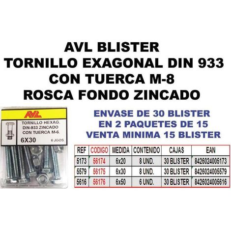 Tornillo hexagonal con tuerca 6x30 zincado AVL blister 5579
