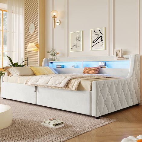 Cama con canapé 90x200 cm con iluminación LED, tejido efecto terciopelo beige OKMYHOME (1/5)
