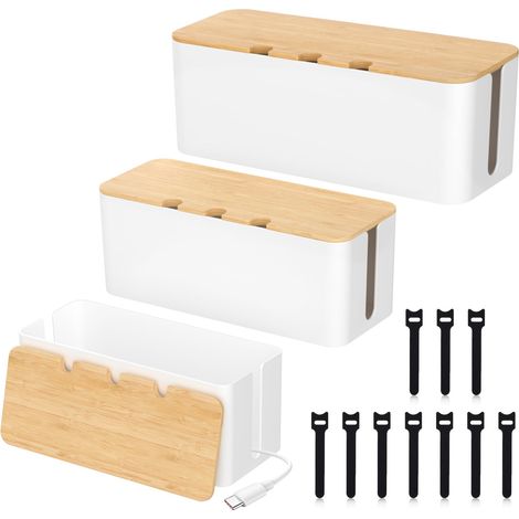Lot de 3 Blanc Boîtes Cache Câbles avec Couvercle Bambou,Boîte Rangement Câble & Multiprise,Cache Fils Électriques,avec 10 Attaches Câbles pour Câbles pour Cacher et Organiser Les Câbles
