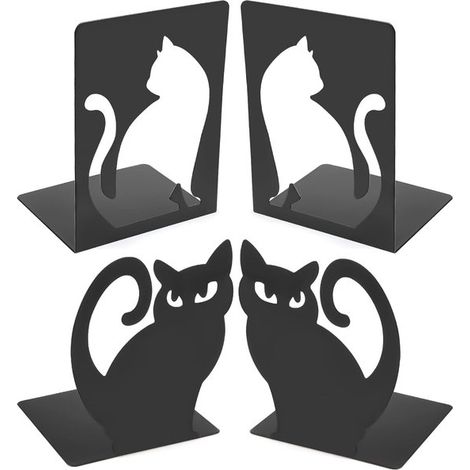 2 paires de serre-livres en métal en forme de chat, antidérapants, noirs, pour livres, DVD, étagères, bureau, bibliothèque, maison et école, 12 x 10,5 x 16 cm (1/5)