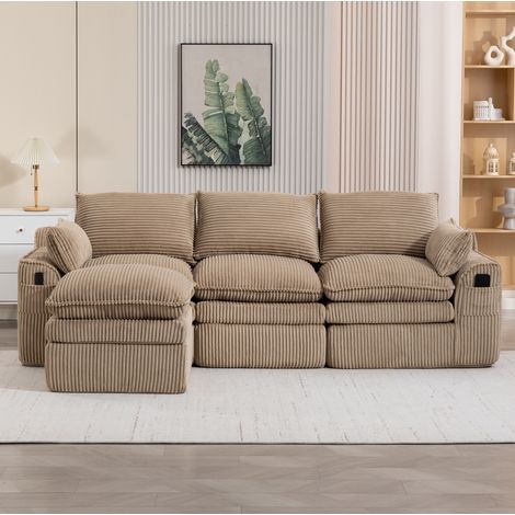 Canapé modulaire 3 places 263x167x85 cm kaki en velours côtelé avec pouf, poches latérales et coussins (1/5)