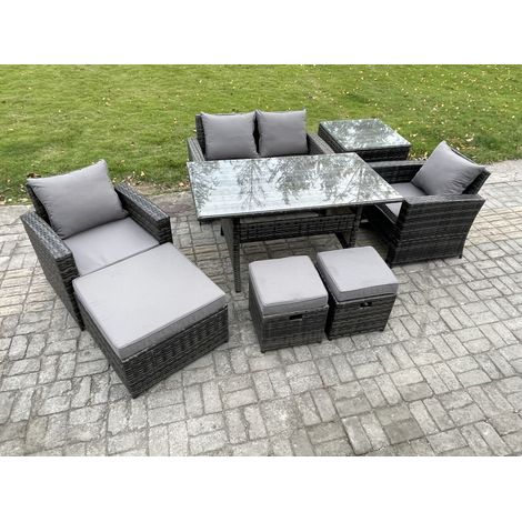 Fimous 7 Seater PE Wicker Outdoor Garden Furniture Set Patio Furniture Rattan Rectangular Dining Table Lounge Sofa with 3 Footstools Side Table (1/5)