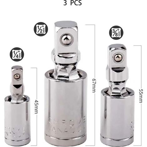 (3 pièces) Adaptateur de cardan chromé, convertisseur, douille, clé à douille (1/5)
