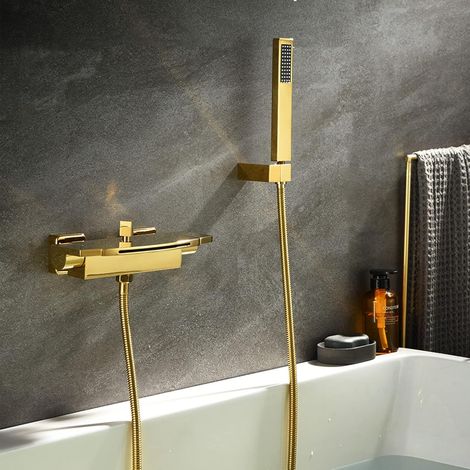 Wasserfall-Badewannenarmatur, Badewannenarmatur mit Handbrause, Messing-Badewannenmischer, Wandmontage-Badewannenarmatur mit zwei Griffen