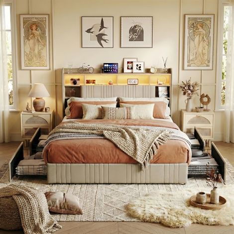 Cama doble 140x200 cm con 4 cajones de almacenamiento - Canapé de láminas de madera, LED Integrado y Puertos USB - Lino, Beige (1/5)