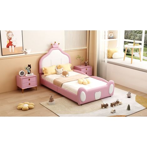 Lit enfant 90x200 cm, tête de lit à couronne, design patchwork bicolore, tissu simili cuir rose, pieds et tête décorés, structure enfant, literie 2 places. (1/5)