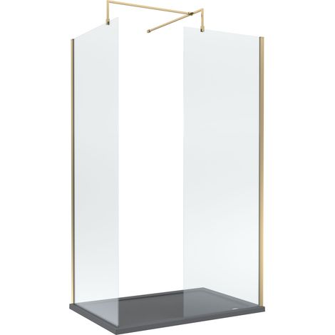 8mm Glass Walk In Wetroom Screens with Brushed Brass Profile and Slate Grey Shower Tray - 1200 x 800mm